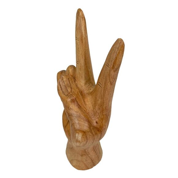 Carved Wooden Peace Sign Hand Gesture Statue Natural Finish 7.75 Inches High - Picture 10 of 10